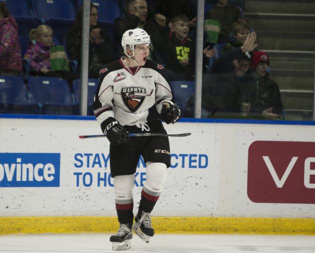 Vancouver Giants Defenceman Bowen Byram reacts to a goal