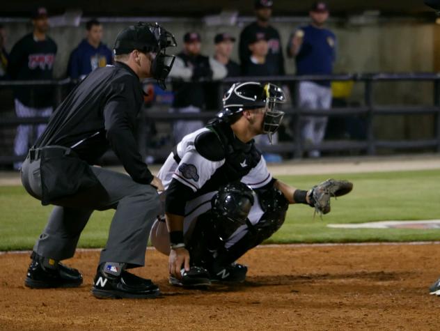 Carolina Mudcats Catcher Max McDowell behind the plate