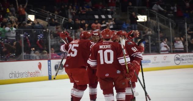 Allen Americans huddle up after a David Makowski goal