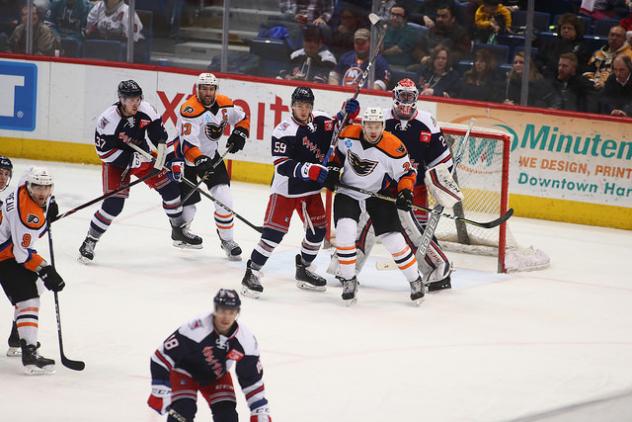 Lehigh Valley Phantoms set up in front of the Hartford Wolf Pack net