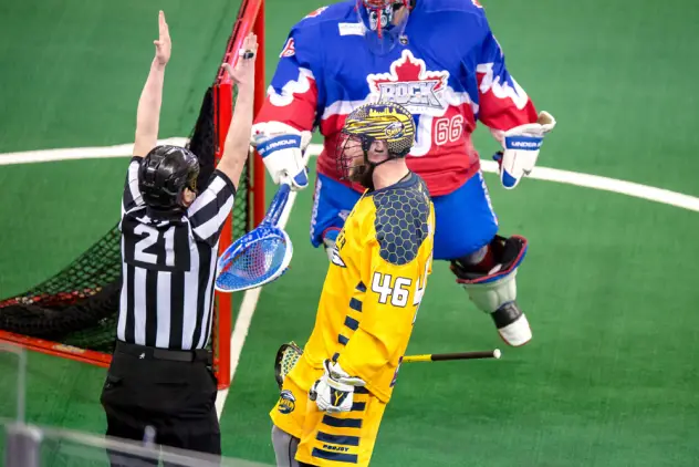 Kiel Matisz of the Georgia Swarm reacts to his big goal vs. the Toronto Rock