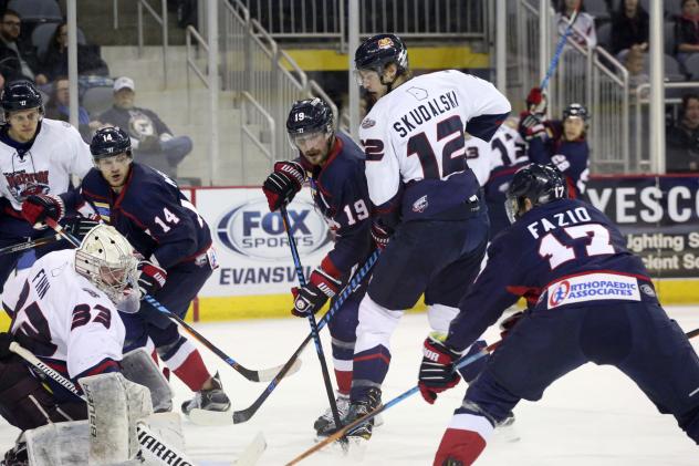 Evansville Thunderbolts defend their goal against the Macon Mayhem