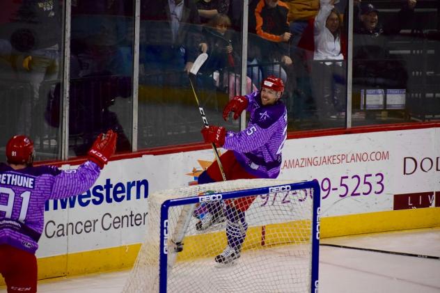 Allen Americans Forward Braylon Shmyr celebrates his goal