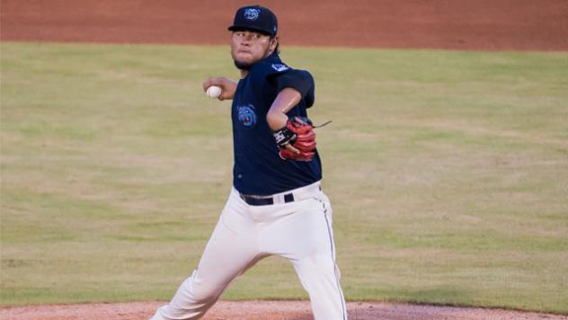 Pitcher Jaime Barria with the Mobile BayBears