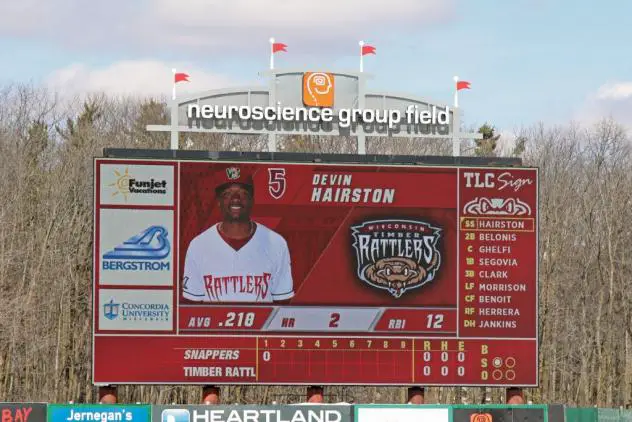 The new video scoreboard at Neuroscience Group Field, home of the Wisconsin Timber Rattlers