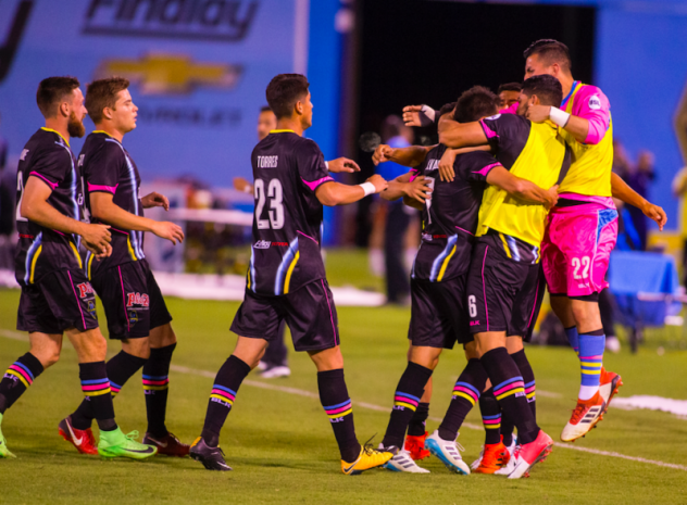 Las Vegas Lights FC players celebrate a goal