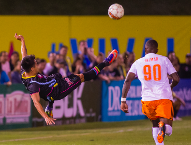 Las Vegas Lights FC Defender Marcelo Alatorre takes to the air