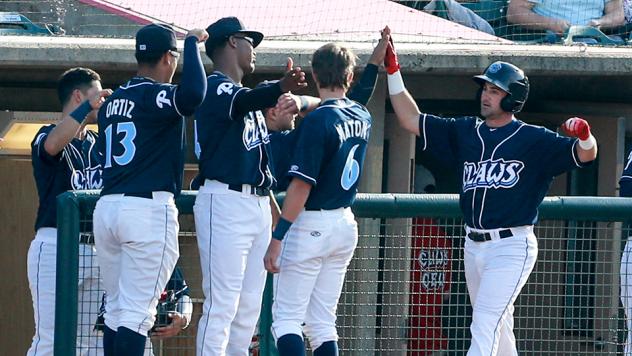 Lakewood BlueClaws congratulate Josh Stephen on his home run