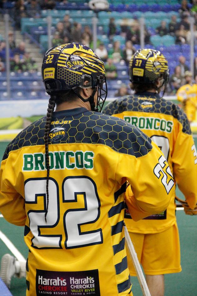 Jerome Thompson of the Georgia Swarm and teammates sport 'Broncos' jerseys