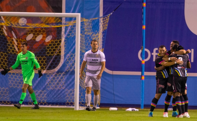 Las Vegas Lights FC celebrate Joel Huiqui's goal