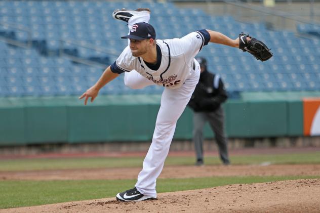 Syracuse Chiefs pitcher Austin Voth delivers a pitch during the team's no-hitter
