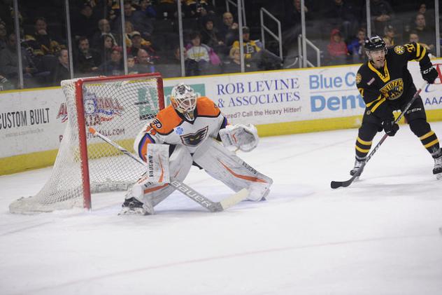 Lehigh Valley Phantoms goaltender Alex Lyon vs. the Providence Bruins