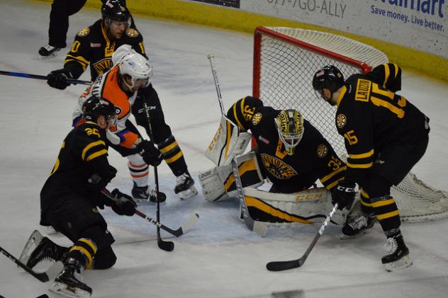 Lehigh Valley Phantoms forward Cole Bardreau in the midst of the Providence Bruins defense