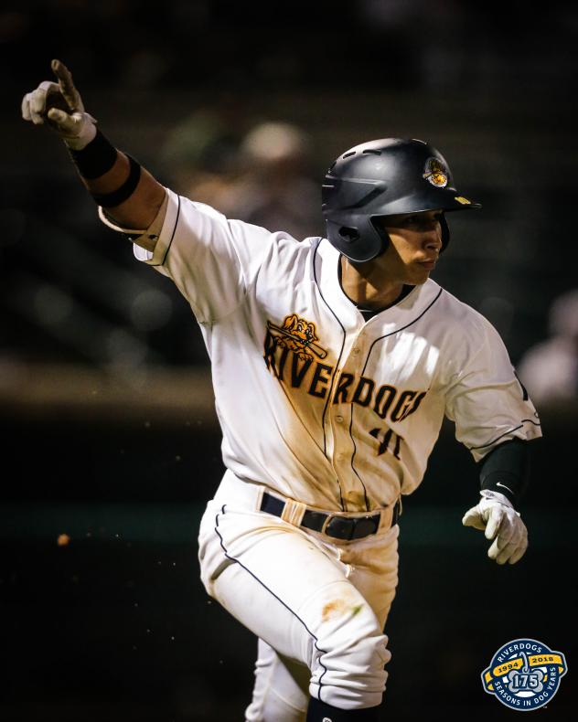 Oswaldo Cabrera reacts to his walk-off hit for the Charleston RiverDogs