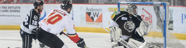 Terrence Wallin of the Adirondack Thunder scores against the Manchester Monarchs
