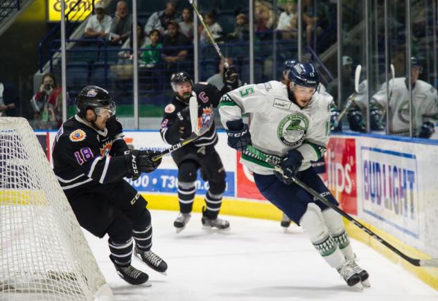 Florida Everblades forward Mitchell Heard skates around the Orlando Solar Bears