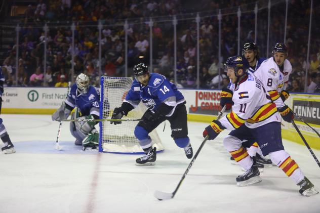 Brady Brassart and Joey Ratelle of the Idaho Steelheads vs. the Colorado Eagles