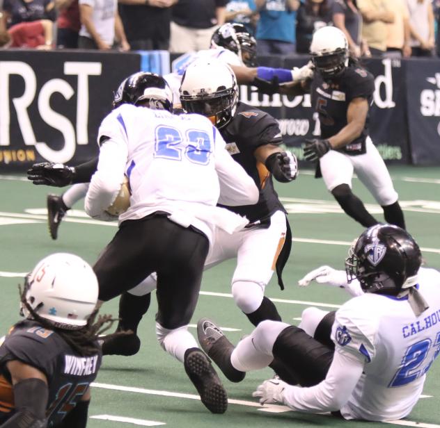 Nathan Lindsey of the Arizona Rattlers prepares to make a tackle against the Cedar Rapids Titans