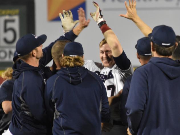 Somerset Patriots celebrate Aaron Dudley's walk off double