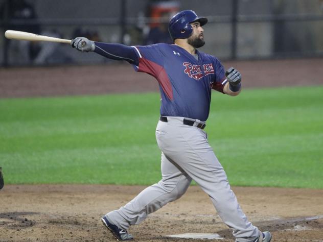 Kyle Roller of the Somerset Patriots with a mighty swing