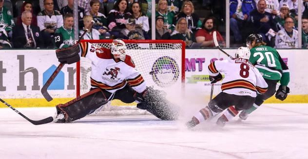Tucson Roadrunners Goaltender Adin Hill defends the net vs. the Texas Stars