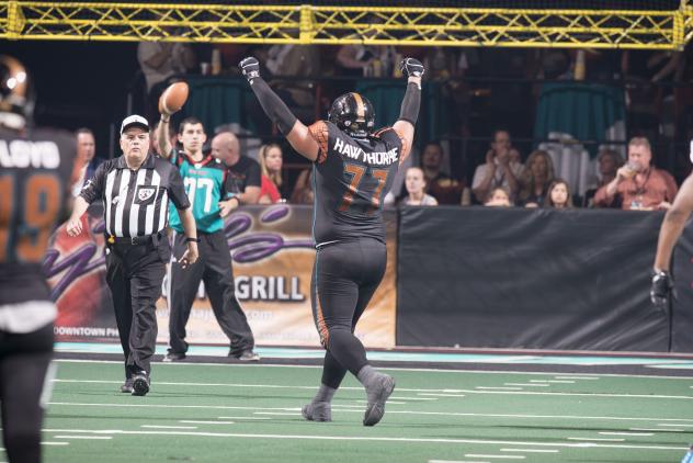 Arizona Rattlers defensive lineman Anttaj Hawthorne celebrates a big play