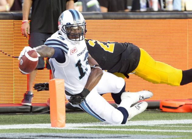 Receiver Kevin Elliott stretches for the endzone while with the Toronto Argonauts