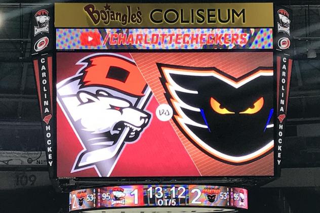 Scoreboard at Bojangle's Coliseum in Charlotte after the fifth overtime
