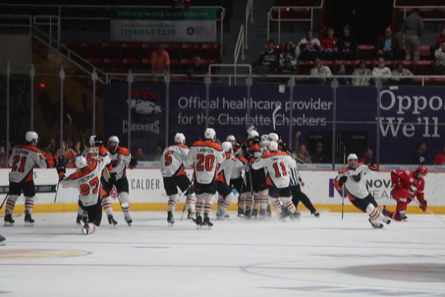 Alex Krushelnyski and the Lehigh Valley Phantoms celebrate the winning score