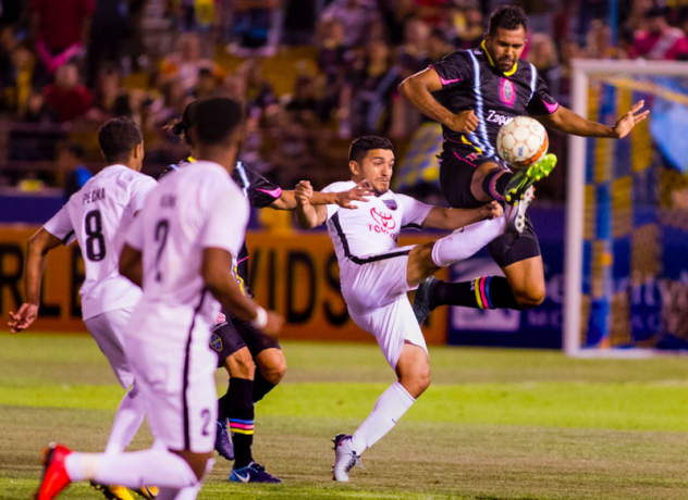 Las Vegas Lights FC defender Miguel Garduno goes airborne