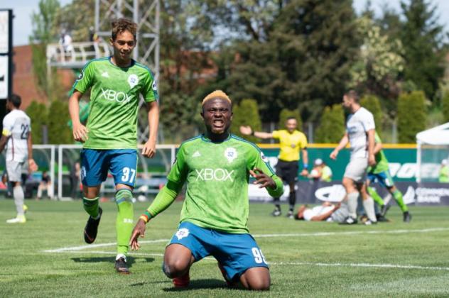 Felix Chenkam of Seattle Sounders FC 2 celebrates after scoring against Sacramento last weekend