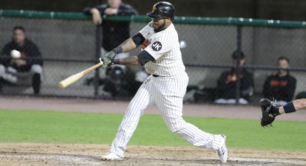 Jordany Valdespin of the Long Island Ducks swings away