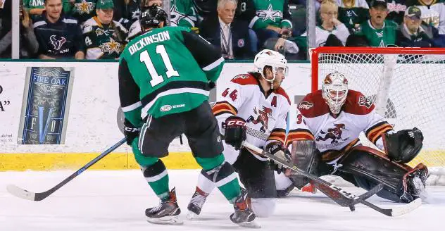 Goaltender Adin Hill and the Tucson Roadrunners try to hold off the Texas Stars