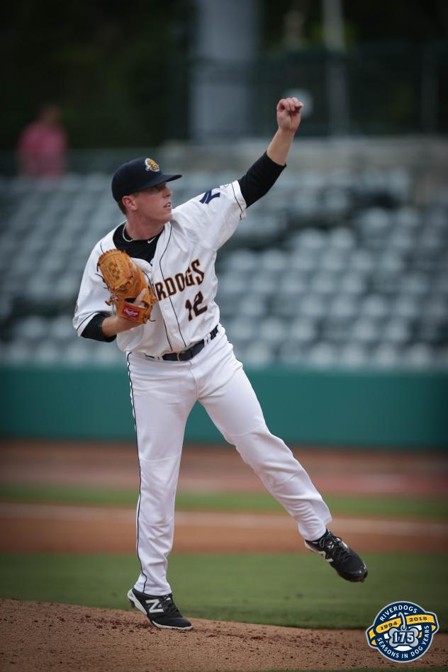 Charleston RiverDogs pitcher JP Sears follows through