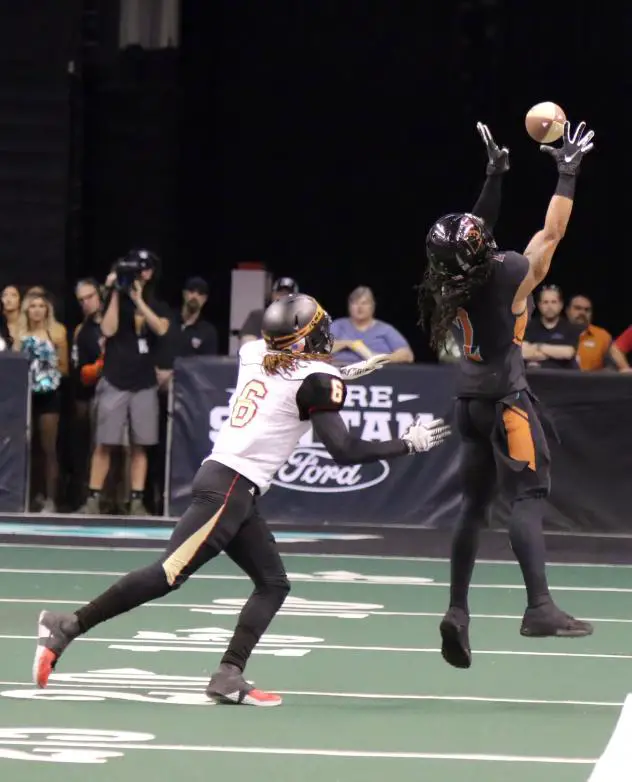 Jamal Miles of the Arizona Rattlers prepares to make a catch against the Iowa Barnstormers