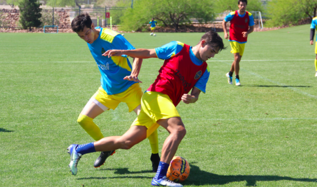 New Las Vegas Lights FC signees Eric Avila (left) and Daniel Guzman Jr. compete during training in their first week with the club