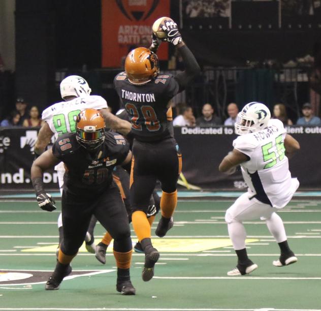 Shadrach Thornton of the Arizona Rattlers leaps high for a catch against the Nebraska Danger