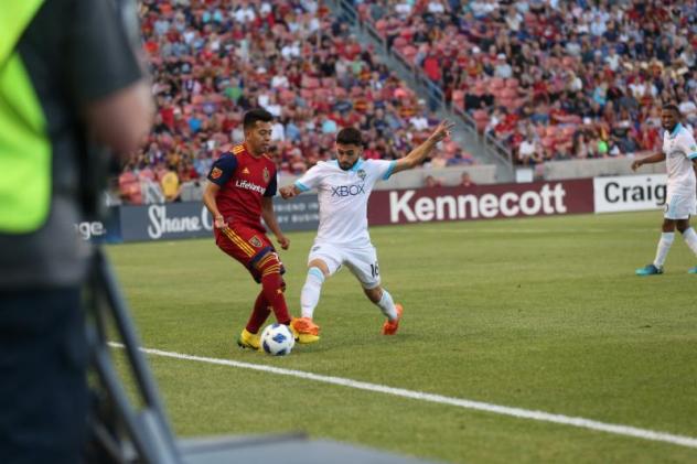 Seattle Sounders FC controls the ball along the sideline vs. Real Salt Lake