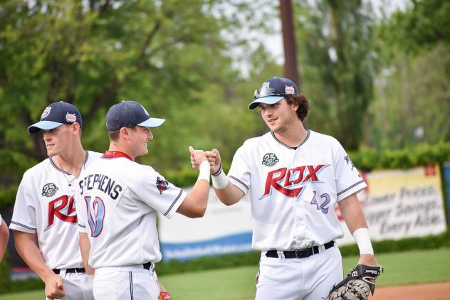 St. Cloud Rox exchange congratulations after a win