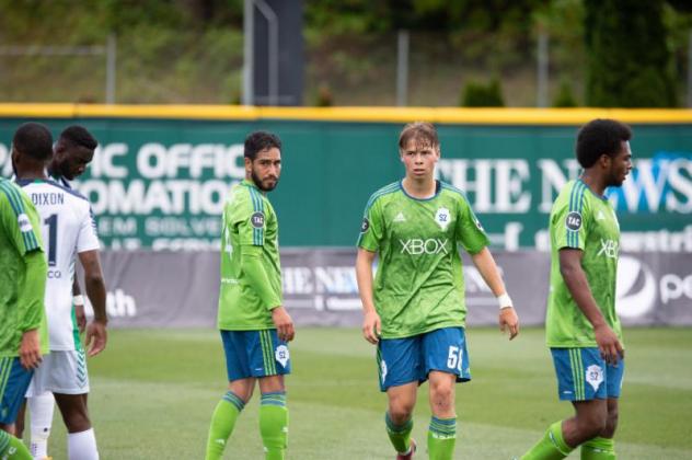 David Estrada (center left) and Sakari Carter (center right) of Seattle Sounders FC 2 were recognized by the USL for their Week 13 performances