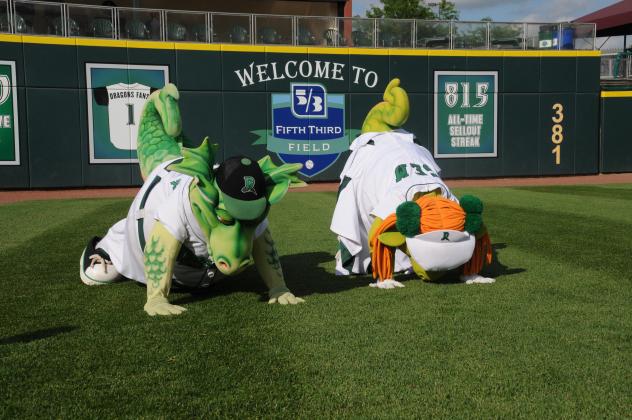 Dayton Dragons Mascots Heater and Gem doing yoga