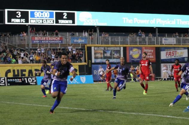 Penn FC celebrates a win against Toronto FC 2