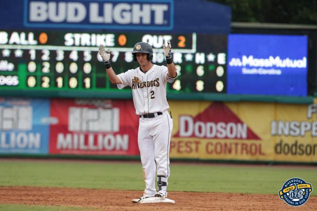 Charleston RiverDogs first baseman Chris Hess reacts to his two-RBI single