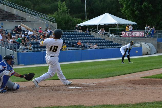 Sussex County Miners catcher Luis Alen with a big swing