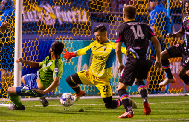 Las Vegas Lights FC goalkeeper Angel Alvarez makes a close-range save