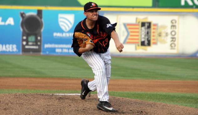 Long Island Ducks pitcher Jake Fisher delivers