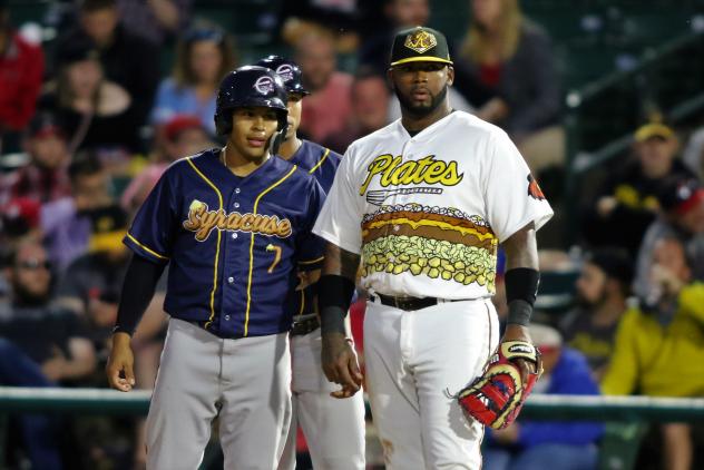Kenny Vargas of the Rochester Plates and Adrian Sanchez of the Syracuse Salt Potatoes