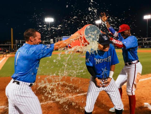FSL All-Star Game MVP, Tampa Tarpons INF Diego Castillo congratulated by teammates