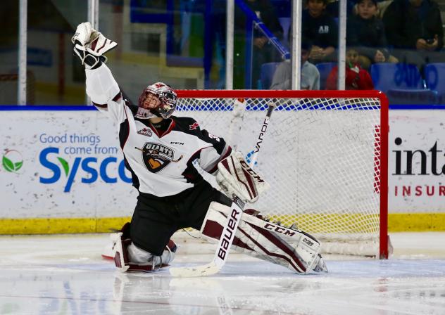 Vancouver Giants goaltender David Tendeck makes a high catch