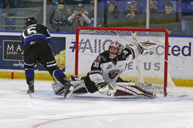 Vancouver Giants goaltender David Tendeck sprawls for a save